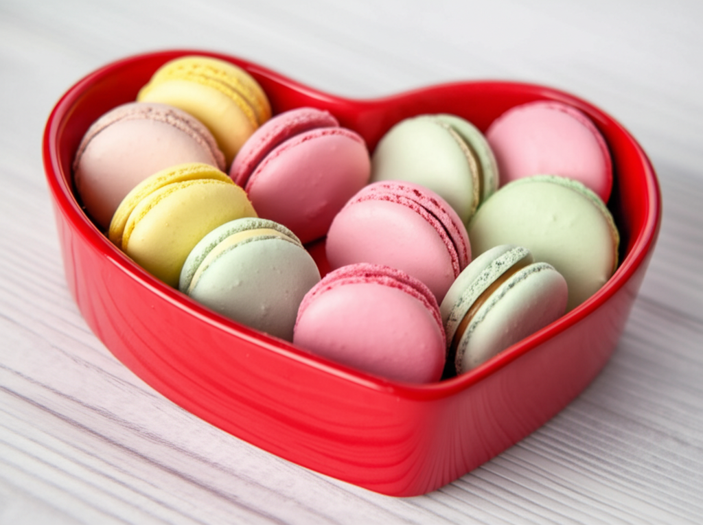 Macarons in heart dish